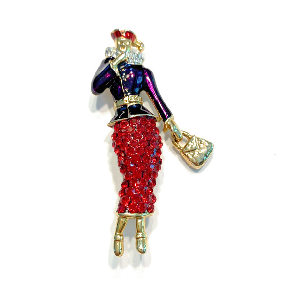 Red Hat Society Lady Brooch Large Goldtone with Purple Enamel Red Rhinestone L-S - Picture 1 of 10